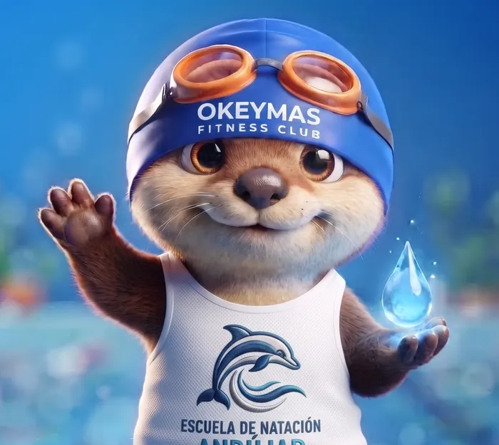 NUKI, una nutria con gorro azul de Okeymas, gafas naranjas y camiseta de la Escuela de Natación Andújar, saludando junto a la piscina